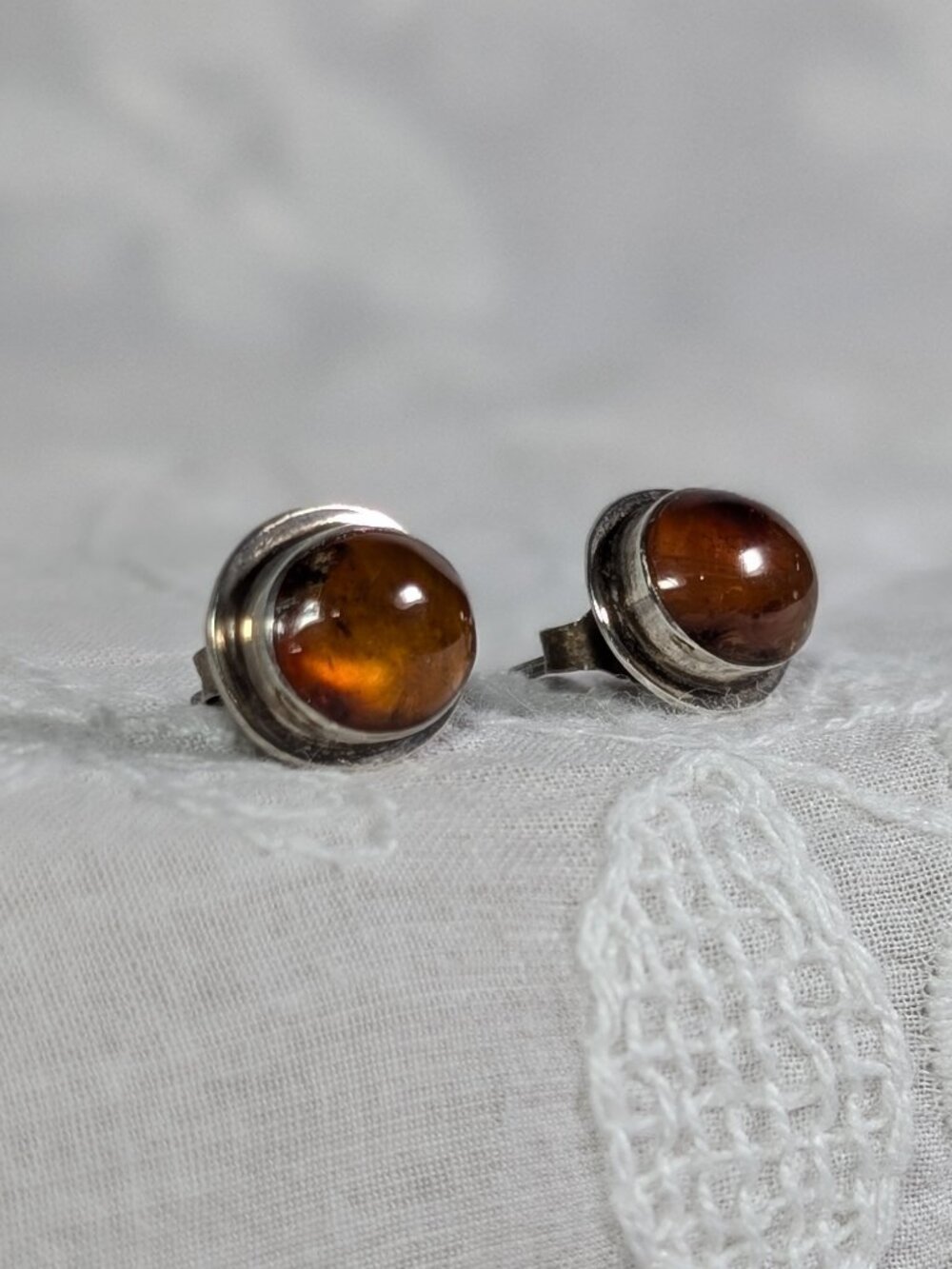 Vintage Amber Cabochon Orange/Cognac Stone with Silver Stud Post Earrings - Picture 8 of 13